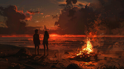 Wall Mural - A couple standing on a beach at sunset, looking at a fire