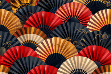Poster - A colorful image of many red and black fans