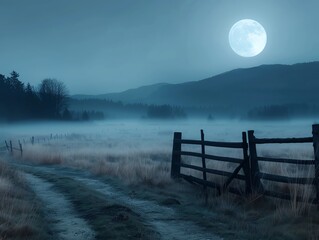 full moon shining brightly in the night sky over a solitary tree and misty field.