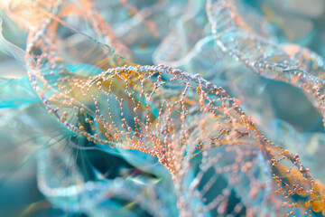 A blue and yellow spiral of DNA with many small beads