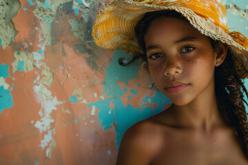 Canvas Print - A young girl wearing a yellow hat and no shirt