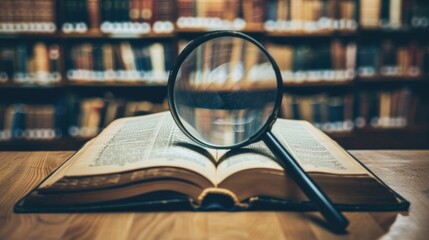 Poster - Book and magnifying glass on desk in information library education concept