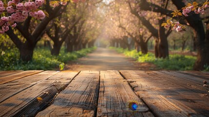 Empty wooden table in front of cherry blossom trees in spring.