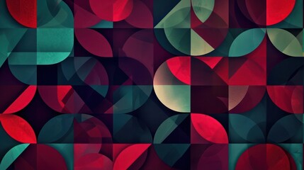 Wall Mural - A striking abstract background with overlapping geometric patterns in deep jewel tones, featuring a mix of circles, triangles, and hexagons in shades of garnet red, deep teal, and royal purple.