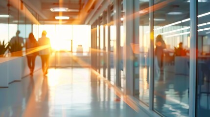 Silhouettes of people walking through a modern office hallway, bathed in warm sunlight streaming through large windows.