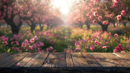 Wooden table in front of blooming peach garden. Blurred background