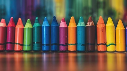 Sticker - Vibrant Crayons on Table with Selective Focus