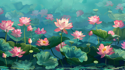 Wall Mural - Illustration of watercolor pink lotus blooming, beautiful pink lotus flowers and green leaves design for background, Asian style abstract pattern background with copy space.