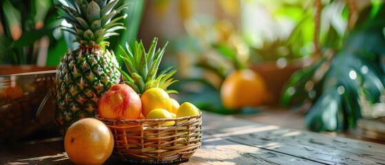 Wall Mural - A Basket of Fresh Fruit on a Wooden Table