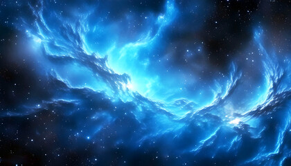 Deep blue nebula with swirling clouds of gas and dust, illuminated by bright stars.