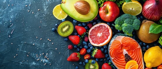 Wall Mural - Healthy Food Assortment on Blue Background