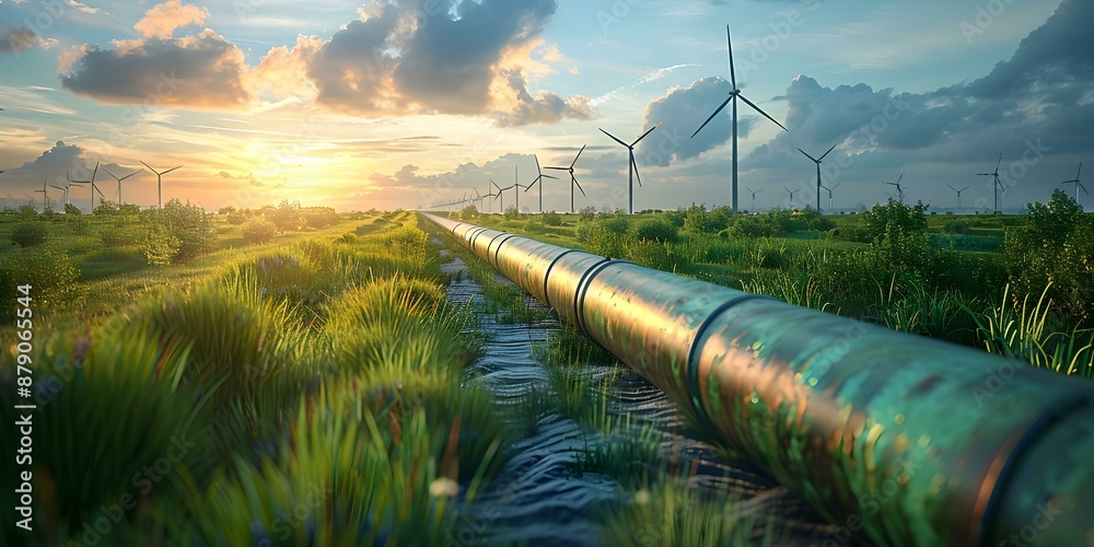 Modern green energy production with a green hydrogen pipeline and wind ...