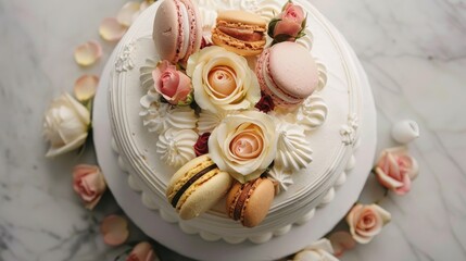 Sticker - Top view of a white wedding cake adorned with macarons and roses