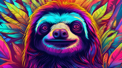 Wall Mural - Colorful Sloth Illustration in Tropical Leaves