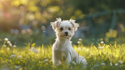 Poster - Small white dog sitting in the park grass