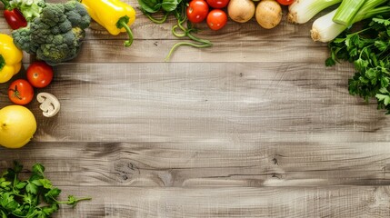 Wall Mural - Fresh Vegetables Border on Wooden Background.