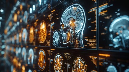 Poster - A close-up view of digital displays showcasing medical scans of the human brain.