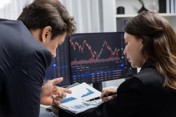 Poster - two business traders discussing value business statistic graph company on paper report analyzing wit