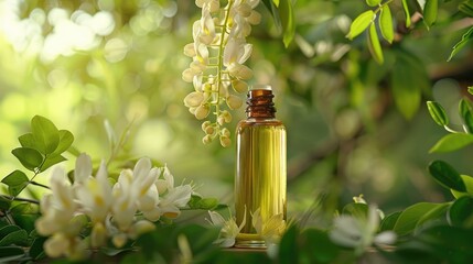 Sticker - Robinia false acacia oil in bottle with fresh flowers