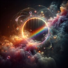 Wall Mural - swirling circles of light in a bright rainbow pattern create a dynamic abstract space isolated black
