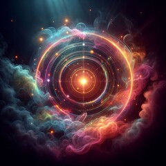 Wall Mural - swirling circles of light in a bright rainbow pattern create a dynamic abstract space isolated black