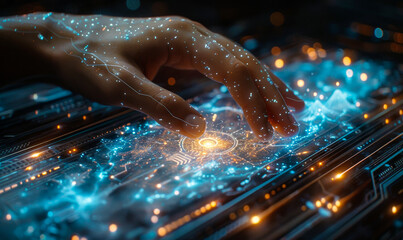 Poster - Futuristic Hand Interacting with High-Tech Digital Interface at Night, Exploring Data and Innovation Concepts, Blue and Orange Glowing Touch Screen Technology