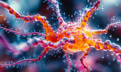 Poster - vibrant neural network close-up: intricate neuron with extended dendrites and connections, detailed 