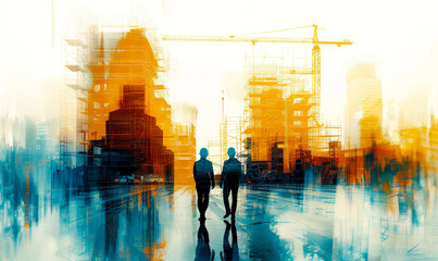 Poster - Construction Workers at Dawn, Double Exposure Cityscape with Cranes, Blue and Orange Progress Theme, Urban Growth and Development