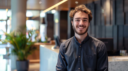 Poster - Portrait of smiling male receptionist looking at camera in modern office.