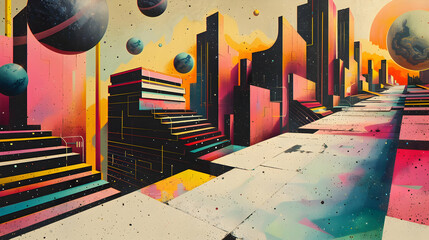 Sticker - Abstract Cityscape Illustration with Planets and Stars