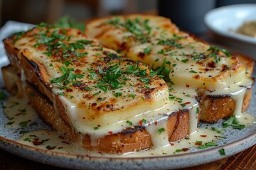 A plate of Welsh rarebit, melted cheese on toast with a savory sauce, garnished with fresh parsley. 