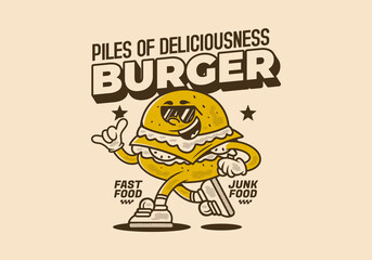 Wall Mural - Burger, pile of deliciousness. Retro mascot character illustration of burger in running pose