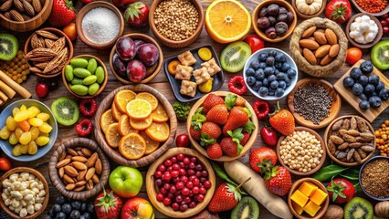 Poster - Assorted dried fruits and nuts in wooden bowls.