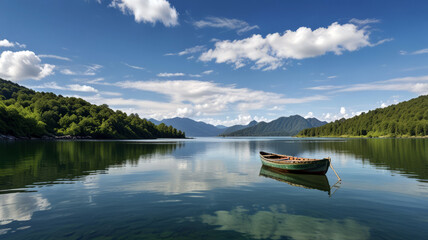 A calm, blue lake reflects snow-capped mountains under a summer sky with fluffy white clouds