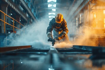 Poster - Worker in protective gear using tools in an industrial factory setting.