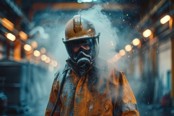 Poster - Worker in protective gear using tools in an industrial factory setting.