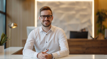 Sticker - Portrait of smiling male receptionist looking at camera in modern office.