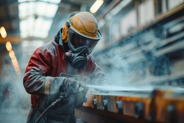 Poster - Worker in protective gear using tools in an industrial factory setting.
