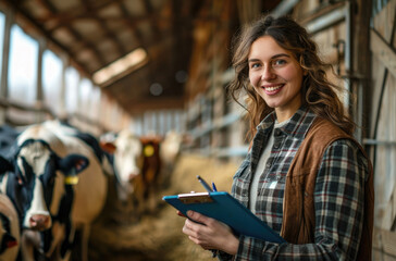 Canvas Print - Female farmer with clipboard in cow farm, smiling at camera. Wide angle lens.