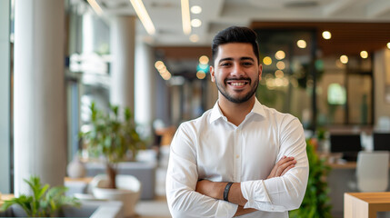 Poster - Portrait of smiling male receptionist looking at camera in modern office.