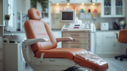 A modern, leather examination chair, in a clean and bright medical office.