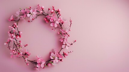 Canvas Print - Pink floral wreath on pink backdrop flat lay with copy space