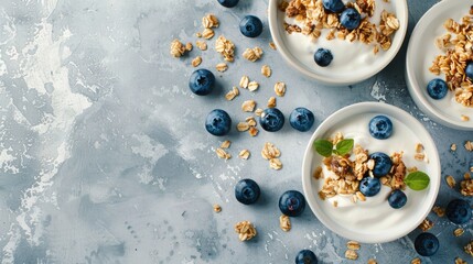 Wall Mural - Fresh breakfast with homemade granola yogurt and blueberries focused shot empty space