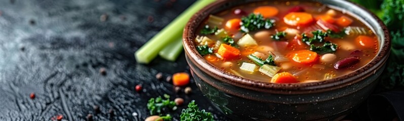 Canvas Print - Bowl of hearty vegetable soup, Vegetarian Day, Food background