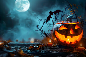 Poster - halloween background hyper realistic horror spooky with jack o lantern decoration moon light