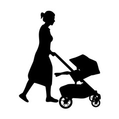 Wall Mural - Woman walking with babies in stroller silhouette, silhouette of woman with a stroller