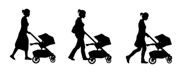 Wall Mural - Woman walking with babies in stroller silhouette, silhouette of woman with a stroller