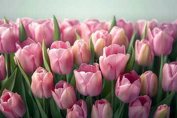 Poster - beautiful border of pink tulips flowers isolated