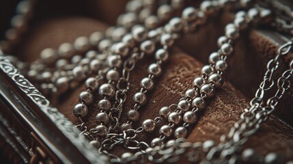 Silver chains draped over the edge of a vintage jewelry box, spilling onto a soft velvet lining and hinting at hidden treasures within.