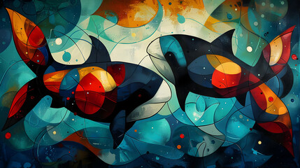 Poster - Abstract Illustration of Two Orcas in Blue and Red